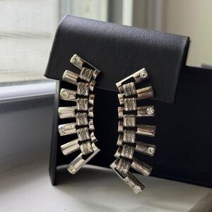 Vintage Art‎ Deco Silver Rhinestone Earrings Curved Retro Whimsigoth Witchy Goth